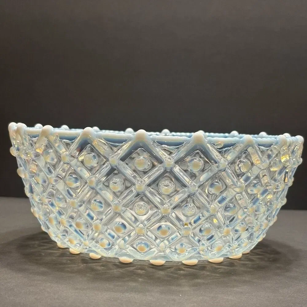 Rare Vintage Antique Aetna Glass Co. 1887 Hobnail Square Bowl White Opalescent
